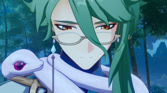 Genshin Impact wants your first impression of Baizhu for Primogems: anime man with green hair and glasses with a snake around his neck