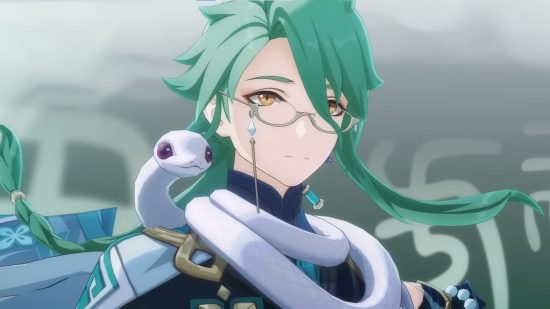 Genshin Impact Baizhu first week sales are much lower than expected: anime man with green hair and white snake around his neck