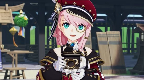 : anime girl with pink hair holding a camera