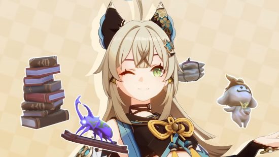Genshin Impact 3.7 finally adds a gadget quick swap function: anime girl with blonde hair and cat ears surrounded by floating items