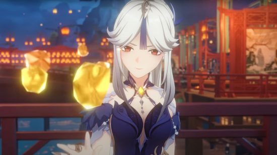 Genshin Impact player is aiming for one billion mora, and they're close: anime girl with white hair and gold stones