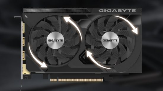 Picture of the Gigabyte RTX 4060 Windforce OC graphics card showing the direction the alternating fans travel to cool the card