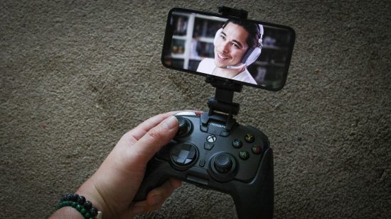 The Moga XP Ultra PC controller being used with a smartphone