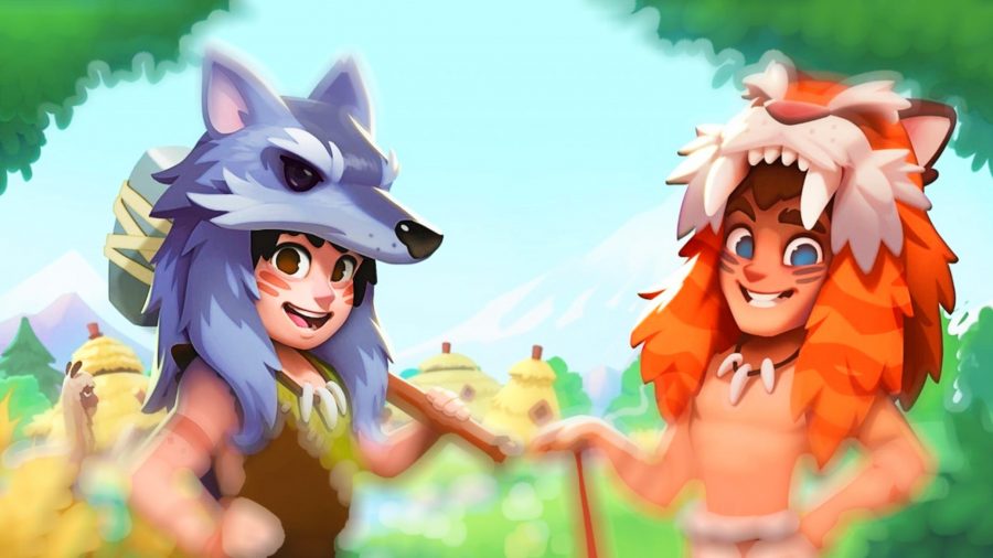 Two characters wearing animal masks in Roots of Pacha