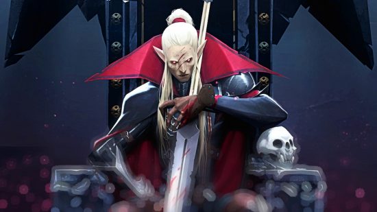Vampire from V Rising sitting on his throne with a large sword