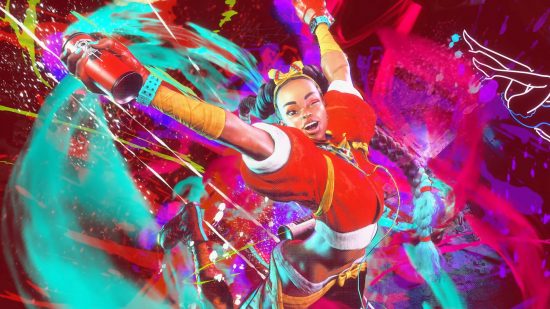 Street Fighter 6 Kimberly is jumping for joy while spraying paint everywhere.
