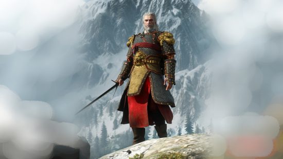 Geralt from The Witcher 3 standing in front of a mountain range while holding a sword