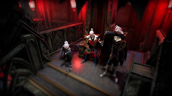 Vampire characters from V Rising sitting around a throne in a castle