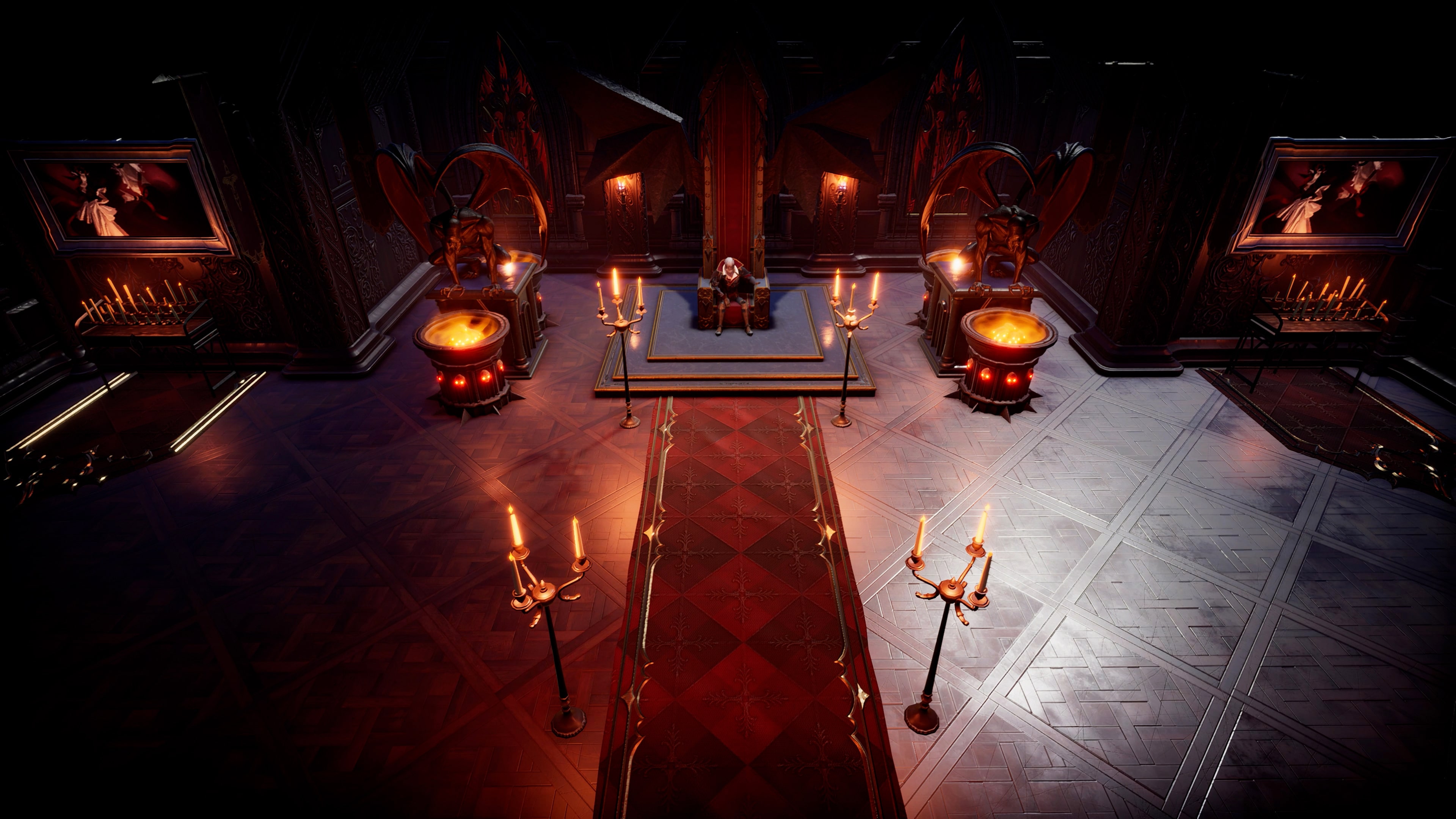 A castle interior with a vampire seated upon a throne in V Rising