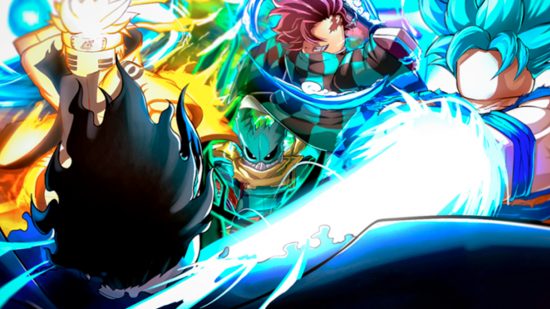 A faceless Roblox avatar of Super Saiyan God Goku firing a blue beam at a black haired Roblox avatar next to Naruto