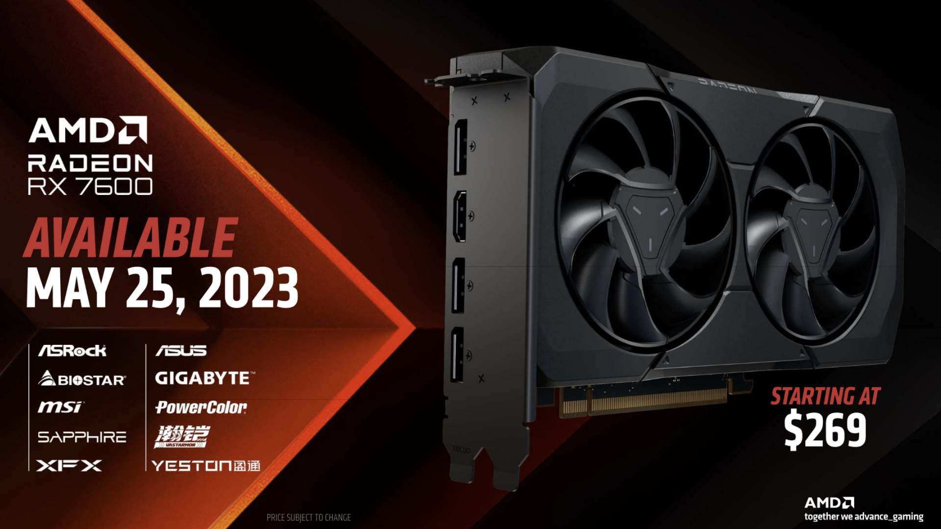Graphic for AMD Radeon RX 7600 with price, image of graphics card release date on left hand side.