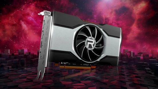 AMD Radeon 7600 specs: A graphics card against a red nebulous background and reflective obsidian surface
