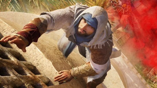 Assassin’s Creed Mirage brings back a feature we’ve missed for years: An assassin in white robes, Basim, climbs a ladder to escape a red smoke bomb in Ubisoft stealth game Assassin's Creed Mirage