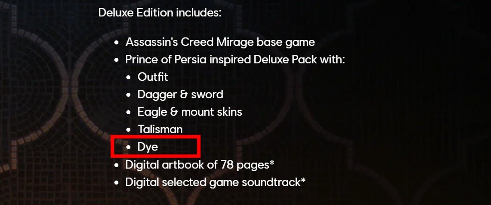 Assassin's Creed Mirage menghadirkan kembali fitur yang telah kami lewatkan selama bertahun-tahun: Tangkapan layar dari Assassin's Creed Mirage Deluxe Edition menyoroti penyertaan pewarna