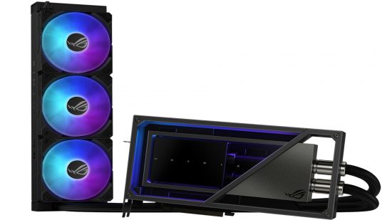 ROG Matrix GeForce RTX 4090 model against a white background with a 3 fan tower next to it with purple RGB effect