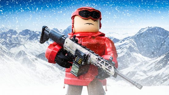 A blocky person dressed in insulated clothing holds their rifle while standing in a blizzard.