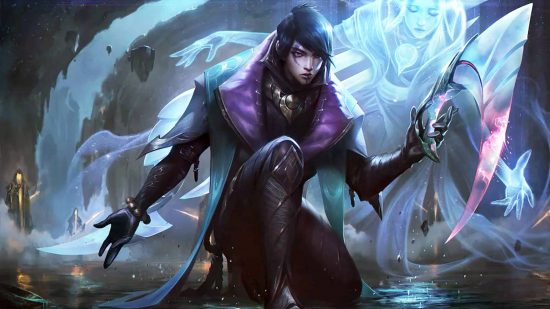 BLG Elk claims League of Legends' rigid meta is already shifting: An Asian man with black straight hair kneeling as the ghost of a woman swirls around him