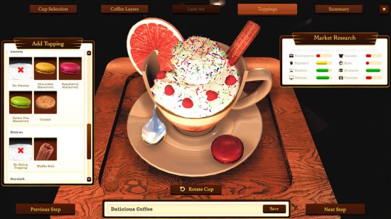Một loại cà phê lạ mắt, đứng đầu với kem đánh bông, rắc, một lát màu cam, quả mâm xôi và một macaron màu hồng, trong trò chơi nấu ăn espresso Tycoon