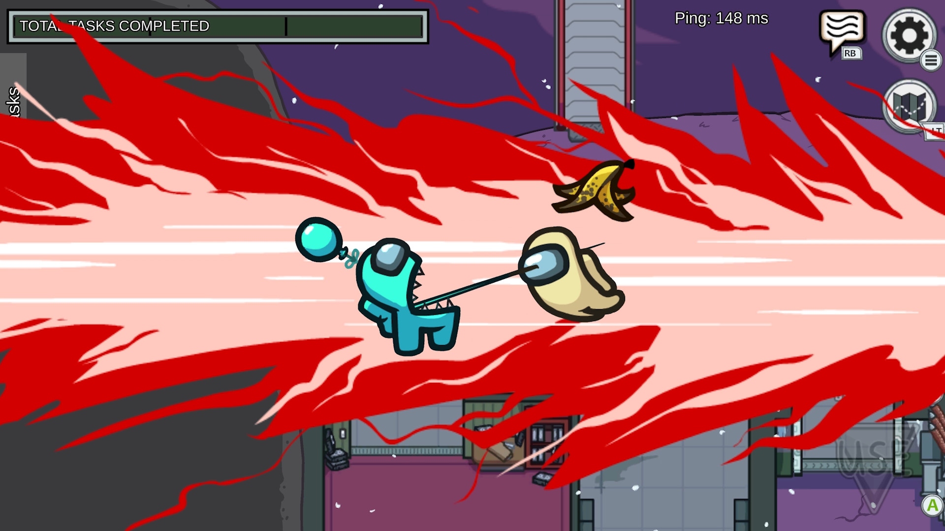 Best cross-platform games: Among Us. Image shows a crewmate being killed by an alien imposter.