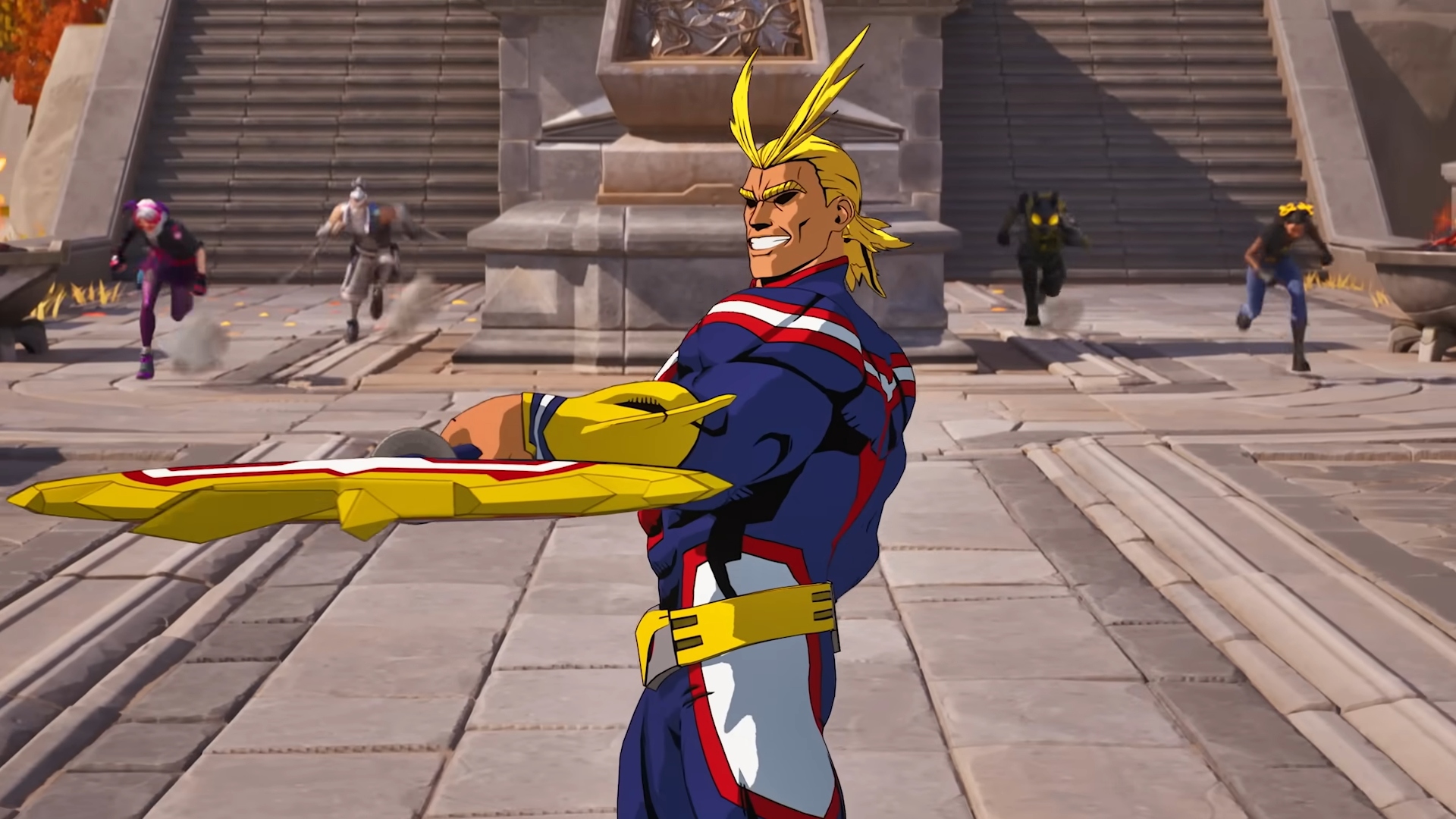 Best cross-platform games: Fortnite. Image shows All-Might in the game, holding a weapon.