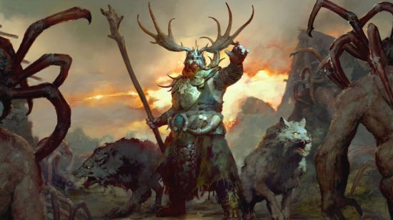 A broad man wearing fur armour and a helmet with stag antlers holds a gnarled wooden staff and calls forth wolves to attack spider-like creatures in a mountain setting