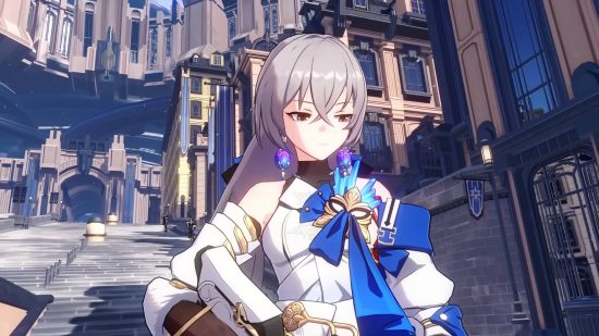 Best Honkai Star Rail Bronya build - Bronya is looking down at her rifle which is off-screen. She is walking down some stairs in a huge citadel.