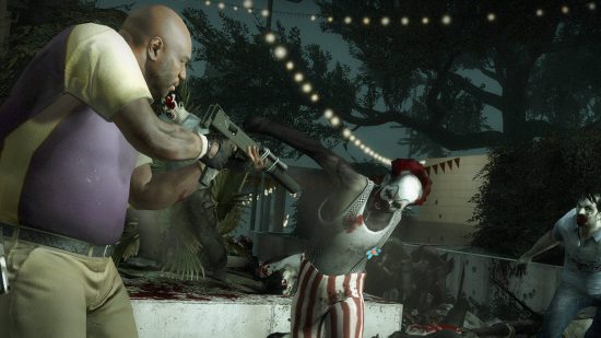 Coach from Left 4 Dead 2, one of the best multiplayer games, is about to shoot a clown zombie with a shotgun.