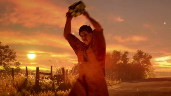 Leatherface wields his chainsaw above his head in anger as the sunsets behind him, mimicking the final scene of the 1974 film, in one of the best upcoming games of 2023, Texas Chain Saw Massacre.
