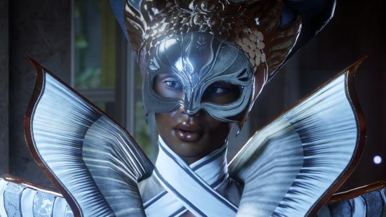 Romance your favorite Dragon Age and Mass Effect characters for cheap: A black woman wearing an ornate masquerade hat with pointed horns and a frilled neck on her shirt stands in a dark room