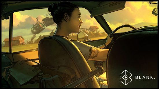 Ex Witcher and Cyberpunk devs making an apocalypse game with a "twist": concept art of a woman driving a car, with destruction in the background