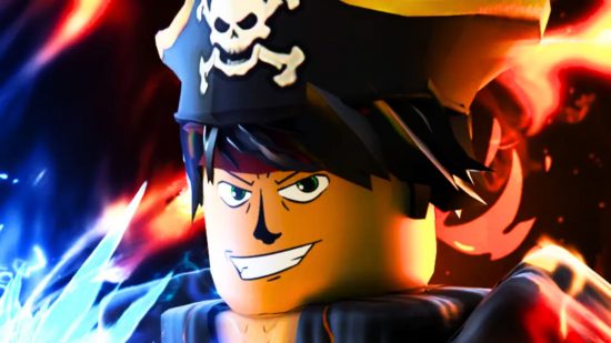 Blox Fruits codes: An animated pirate with a skull and crossbones hat sits amongst flashes of red and blue