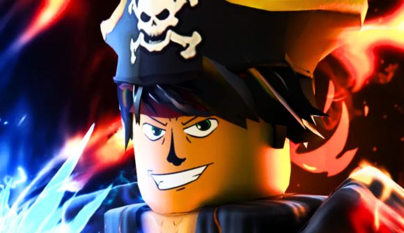 Blox Fruits codes: An animated pirate with a skull and crossbones hat sits amongst flashes of red and blue