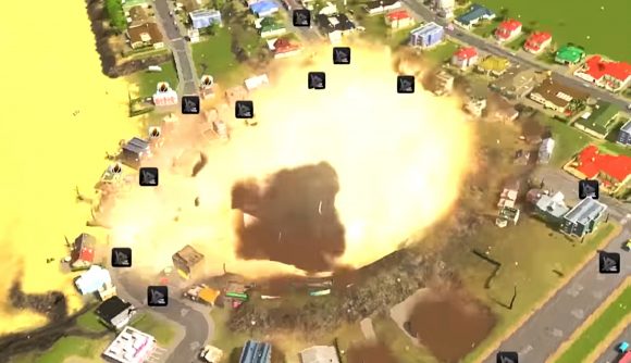 Cities Skylines meteor build - a large explosion rocks a coastal town in the Steam city-building game.