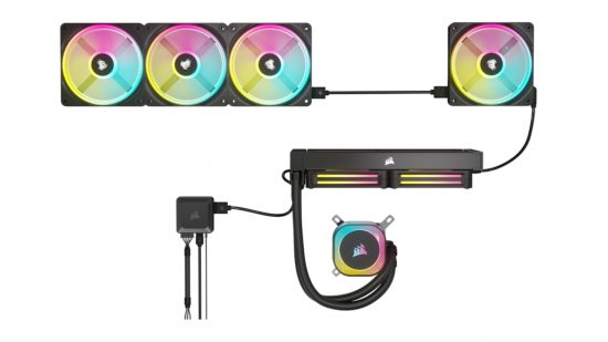 A single chain of PC parts with Corsair's new iCUE Link components featuring colorful RGB lighting,