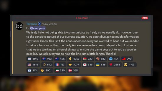 Dark and Darker early access delayed as dev faces lawsuit: an image of the Dark and Darker Discord, which has the message from Ironmace about the Early Access delay