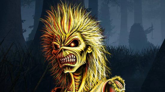 Iron Maiden Eddie na mŕtveho pozadí denného svetla, ktorý ukazuje Meathook v diaľke, medzi hmlou