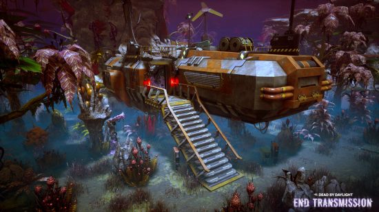 A large yellow spacecraft sits among colorful alien flora in toba Landing, the new DBD map.