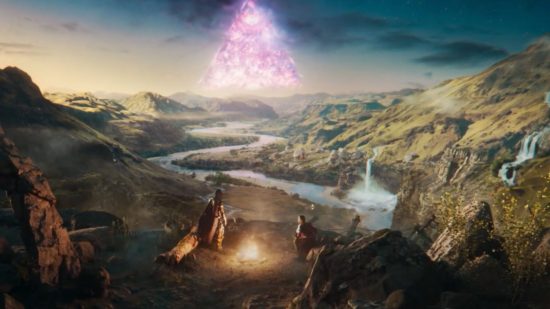 Destiny 2 The Final Shape Trailer contains a bonkers reveal: A pink pyramid structure in the background of a serene setting.
