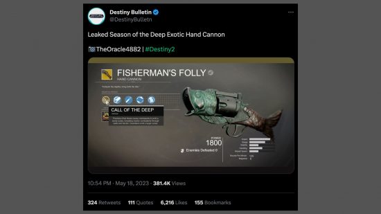 This Destiny 2 fish blaster isn't real... but maybe it should be: Destiny Bulletin's tweet showing an image of the fake fish blaster, dubbed Fisherman's Folly.
