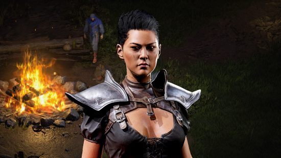 Diablo 2 Resurrected – die Klasse der Assassinen, die eine Lederrüstung und Schulterplatten aus Metall trägt, steht neben einer großen Feuerstelle