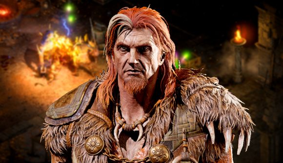 Diablo 2 Resurrected patch 2.7 - a Druid with long, orange hair stands before the figure of the Butcher