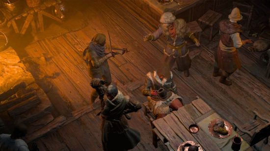 Talk about Diablo 4 Aspects in a dimly lit tavern with several people gathered in the middle
