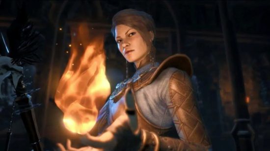 Diablo 4 best builds: A woman with black hair holds a flame in her hand wearing blue cloth armor