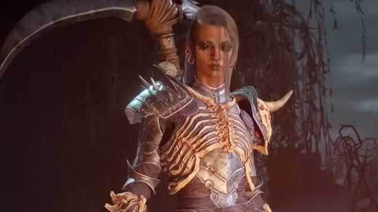 Diablo 4 devs know you'll "break the game," but they're not worried: A black woman with long hair shaved at one side stands with a scythe and armour made of bones in a dark forest