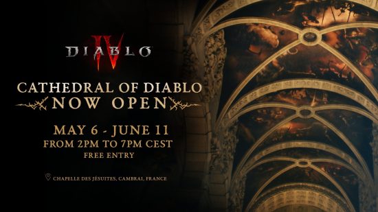 Diablo 4 cathedral - infographic reading: "Cathedral of Diablo now open, May 6 - June 11, 2pm to 7pm CEST, free entry, Chapelle des Jésuites, Cambrai, France."