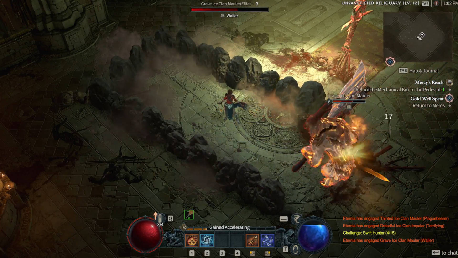 Diablo 4コントローラーサポート - 魔術に囲まれている間、魔術師が地下室でヤギの悪魔と戦っています。