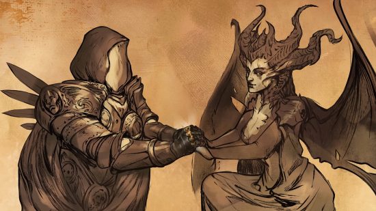 Diablo 4 cross-progression - Inarius and Lilith are holding hands.