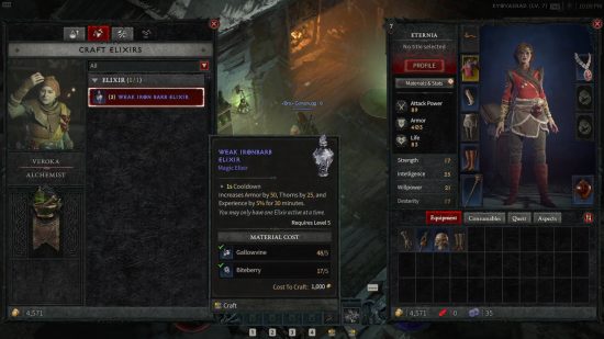 Visiting the alchemist to craft Diablo 4 elixirs. The only choice on offer is the Iron Barbs potion, which here is shown at its open beta costs.