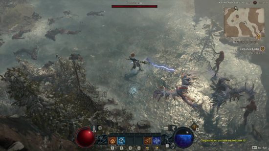 Diablo 4 elixirs - the sorceress is using lightning magic to wipe out a group of enemies in a lake.