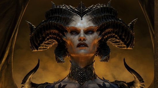 Diablo 4 error code 315306: Lilith has a stern look on her fact, and is lit by a golden yellow backdrop.